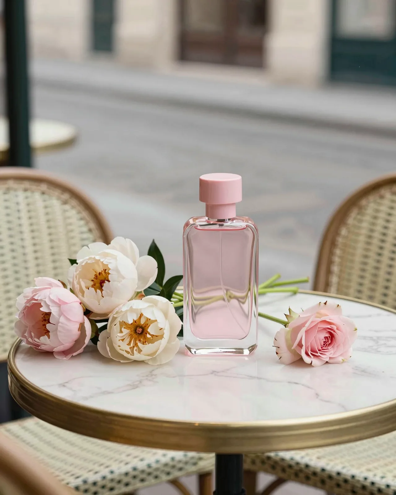 A pale pink perfume bottle beside peonies and a rose on a marble café table, with rattan bistro chairs and a Paris street softly out of focus behind